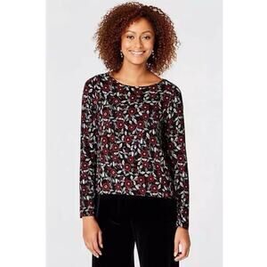 J. JILL Womens Black Red Floral Velvet Long Sleeve Tunic Top Size SMALL Comfort